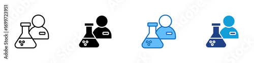 Lab Staff Multiple Style Icon Sheet Design Vector - Laboratory flask with staff profile, symbolizing clinical testing, lab research, or medical experiment