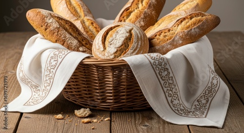 Rustic Wicker Basket Overflowing with Artisan Breads and Decorative Linen