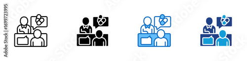 Medical Consultation Multiple Style Icon Sheet Design Vector - Two people discussing medicine, symbolizing healthcare advice, doctor consultation, or patient discussion