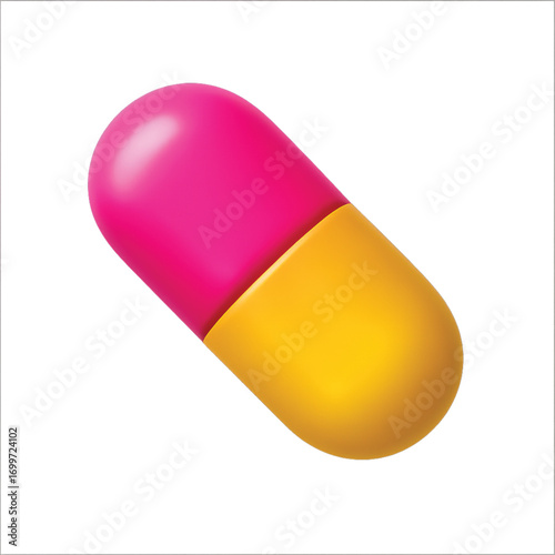 A vibrant, 3D illustration of a pink and yellow pill.