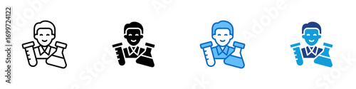 Scientist Multiple Style Icon Sheet Design Vector - Smiling scientist holding lab tubes, symbolizing research, innovation, and medical or chemical experiments