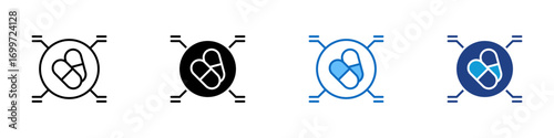 Pill Network Multiple Style Icon Sheet Design Vector - Pills inside circle with connecting lines, representing pharmaceutical network, medical system, or healthcare link