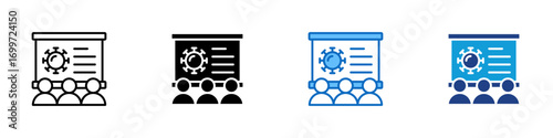 Virus Presentation Multiple Style Icon Sheet Design Vector - Presentation board with virus illustration and audience, symbolizing medical lecture, epidemic awareness, or scientific conference