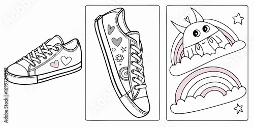 Cute cartoon sneaker with hearts and flowers