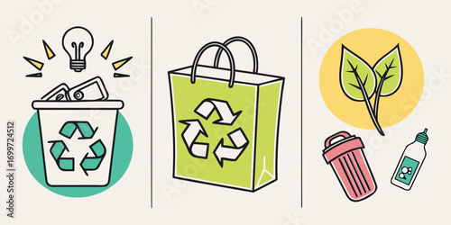 Recycling bag, trash can with lightbulb and leaves