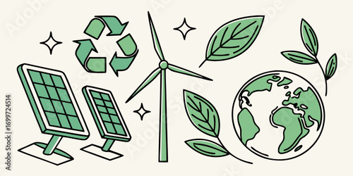 Renewable energy concept with solar panel, wind turbine, and earth