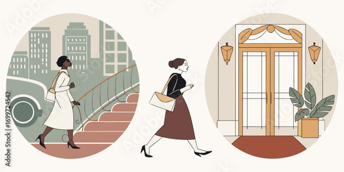 Two women walking in urban and elegant settings