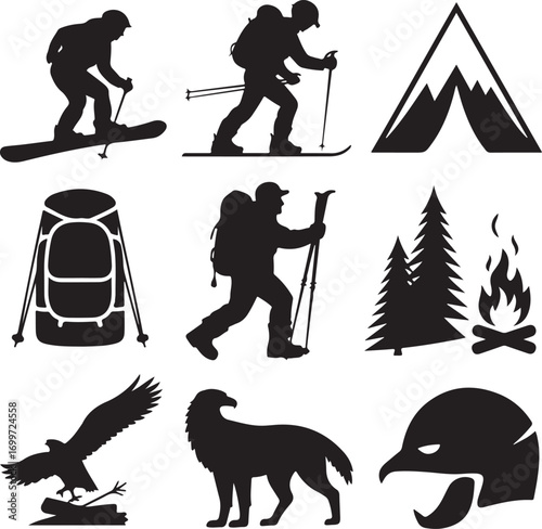 Winter Sports and Outdoor Adventure Silhouette Icons Keywords: snowboarder, snowboarding, snow