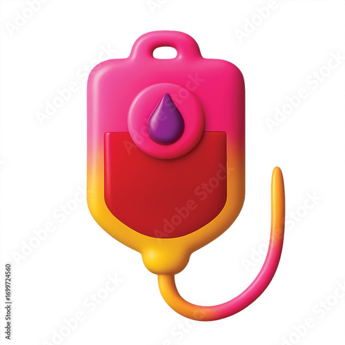 A stylized, cartoonish illustration of a blood bag with a drop of purple liquid on top, symbolizing donation or medical treatment.