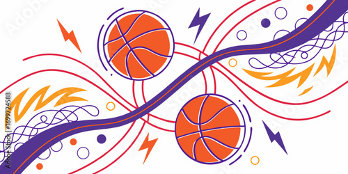 Two basketballs with abstract colorful shapes and lightning
