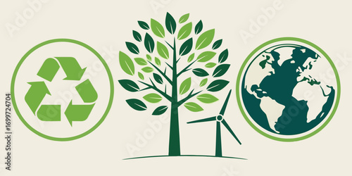Recycling symbol, tree, wind turbine, and earth