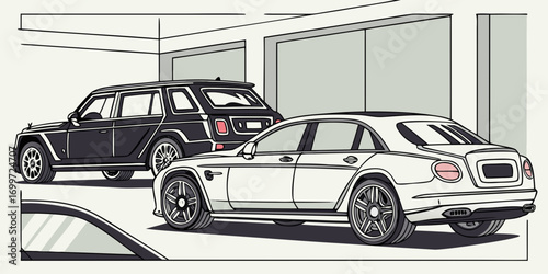 Luxury sedan and suv parked in a modern showroom