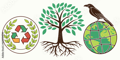Recycling symbol, tree, bird on earth