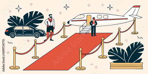 Vip arrival with private jet, limousine, and red carpet