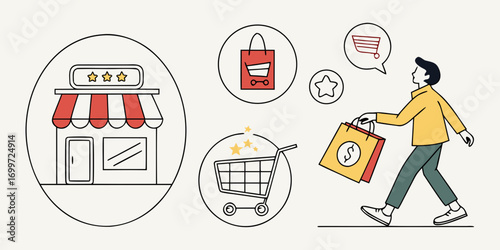 Online shopping concept with store and bag