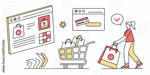 Online shopping concept with woman, shopping cart, and website