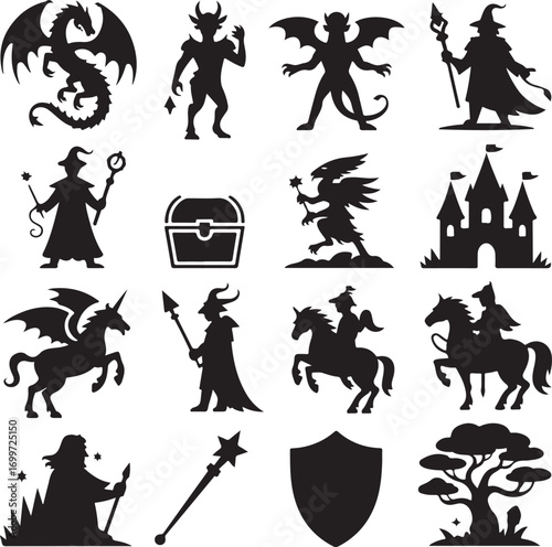 Fantasy Creatures and Characters Silhouettes Collection Keywords: dragon demon wizard unicorn knight