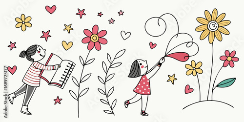 Two girls reading and watering flowers with hearts and stars
