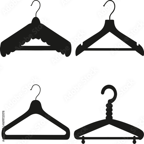 Four black clothing hangers on white background clothes hanger