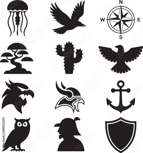 Assorted Black Silhouettes of Animals and Symbols Keywords: jellyfish eagle compass rose bonsai tree