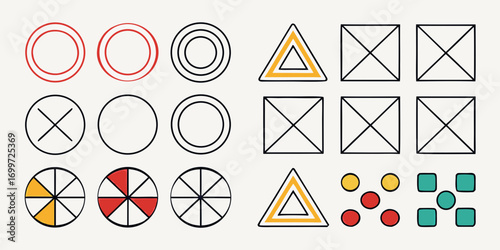 Collection of geometric shapes and icons in a grid and scattered layout