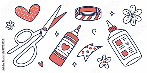 Craft supplies like scissors, glue, tape, and hearts
