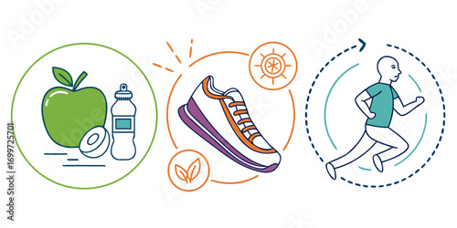 Healthy lifestyle icons apple, running shoe, and runner