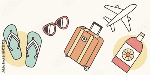 Travel essentials including a suitcase, airplane, sunglasses, flipflops, and drink
