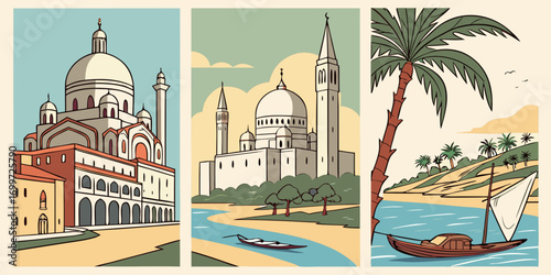 Venetian architecture, canal with boat, and tropical coastline