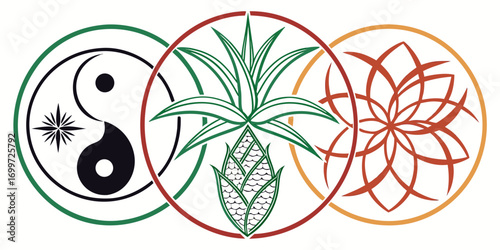 Spiritual symbols including yin yang, pineapple, and lotus flower