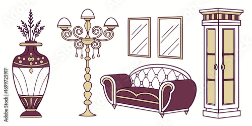 Collection of vintage furniture and decor elements