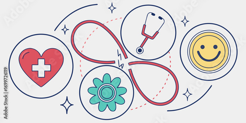 Heart with cross and stethoscope connected to happy face and flower