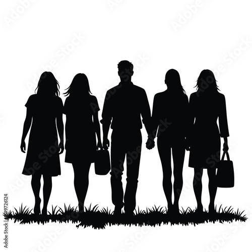 Silhouette of five people walking on grass holding hands