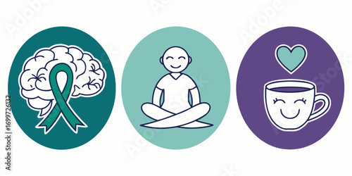 Mental health awareness icons brain, meditation, and coffee cup
