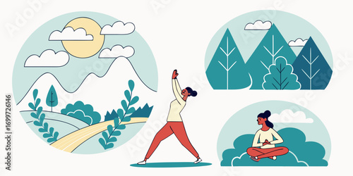 Woman doing yoga in nature with mountains and trees