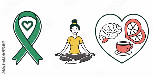 Mental health icons green ribbon, yoga, and selfcare symbols