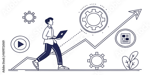 Man with laptop walking on growth chart with gears and icons