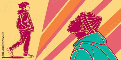 Two people in hoodies looking in different directions with a striped background
