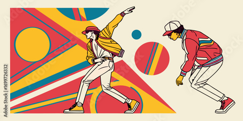Two dancers in retro clothing strike a pose against a colorful abstract background