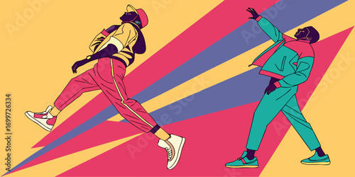 Stylish dancers in motion, vibrant abstract background