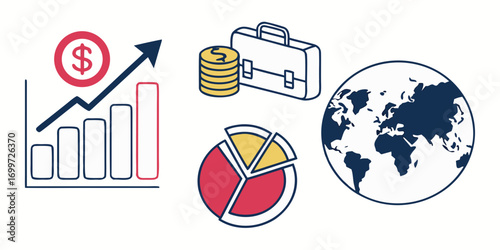Business and finance icons including graph, money, briefcase, and globe