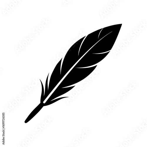 A single black feather art on transparent background silhouette