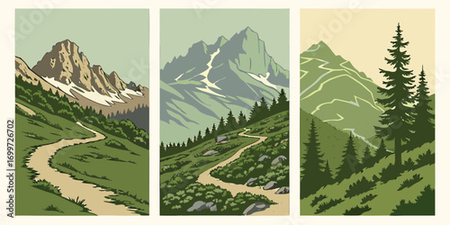Winding mountain trails through green hills and rocky peaks