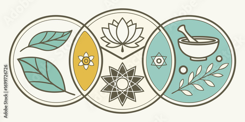 Holistic wellness symbols lotus, star, leaves, mortar and pestle