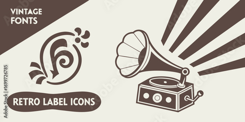 Vintage fonts and retro label icons with gramophone illustration