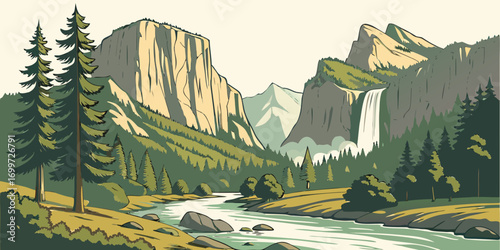 Scenic mountain landscape with a river and waterfall in summer