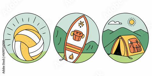 Volleyball, canoeing, and camping icons for outdoor fun