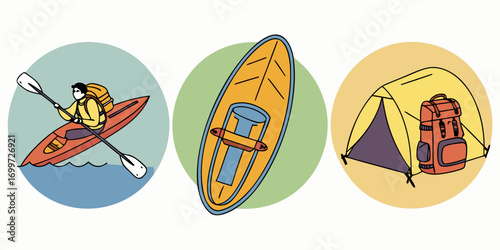 Kayaking, canoeing, and camping icons for outdoor adventure