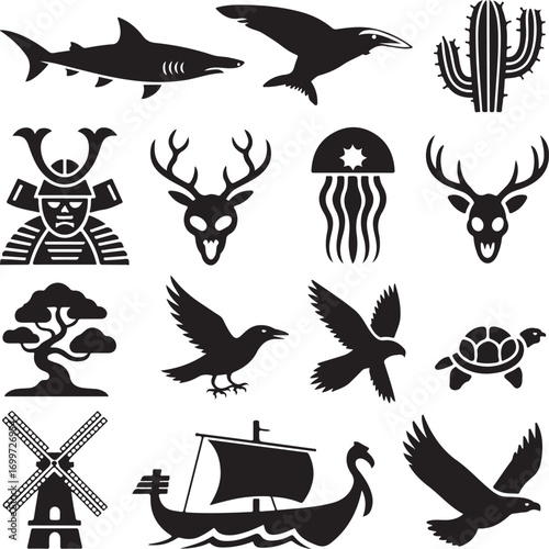 Silhouette icons of animals plants and historical objects Keywords: shark bird cactus samurai helmet
