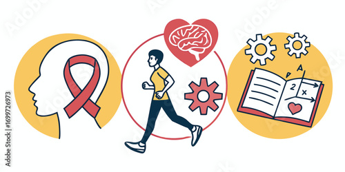 Health awareness icons brain, running, book, and ribbon